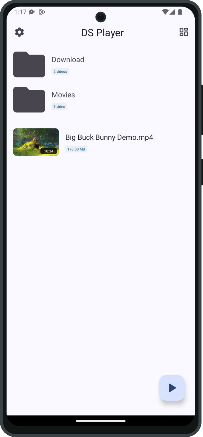 DS Player modern file browser on Android phone showing thumbnail previews and intuitive navigation interface