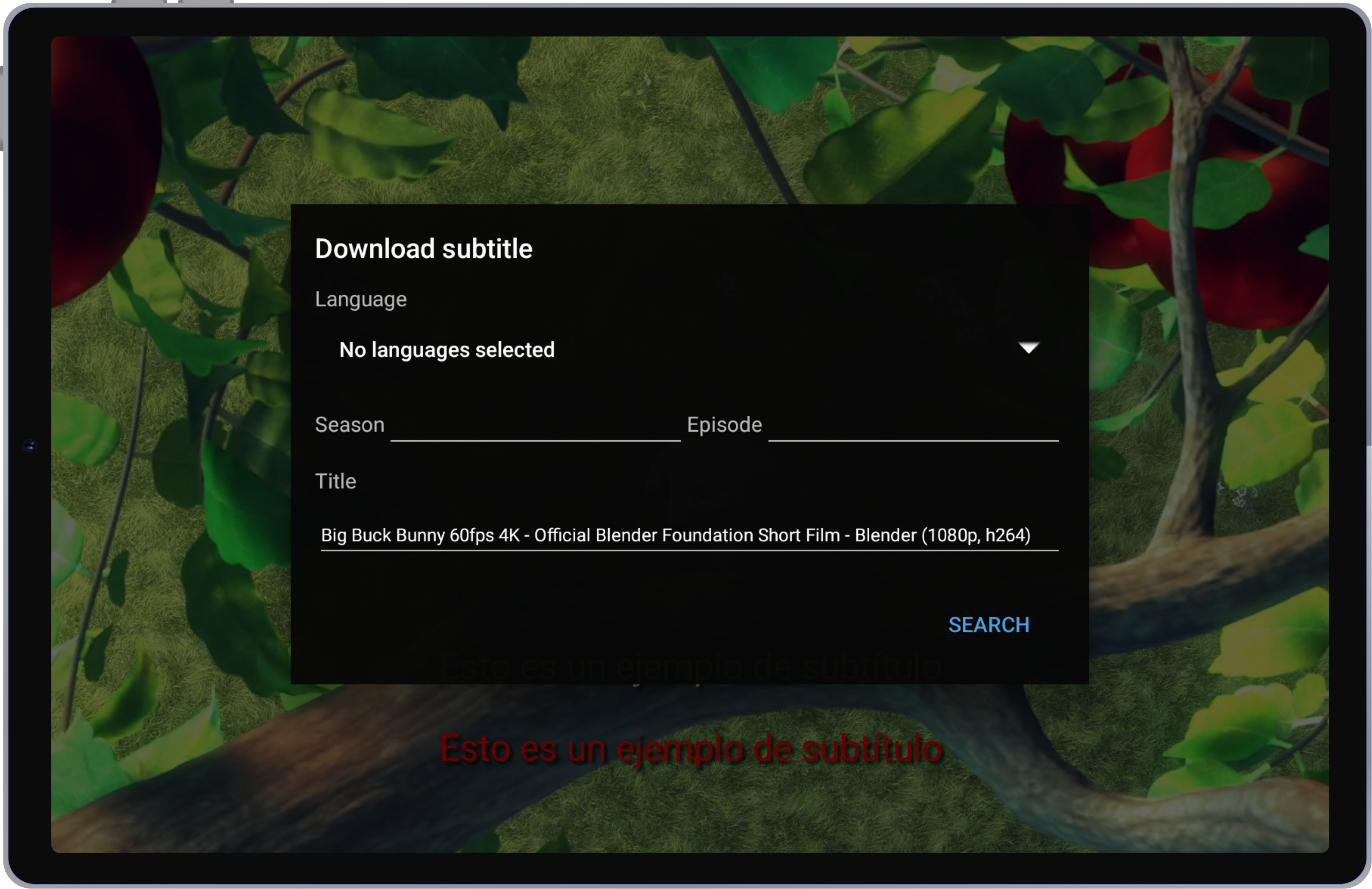 DS Player tablet interface showing OpenSubtitles integration and multi-language subtitle download capabilities