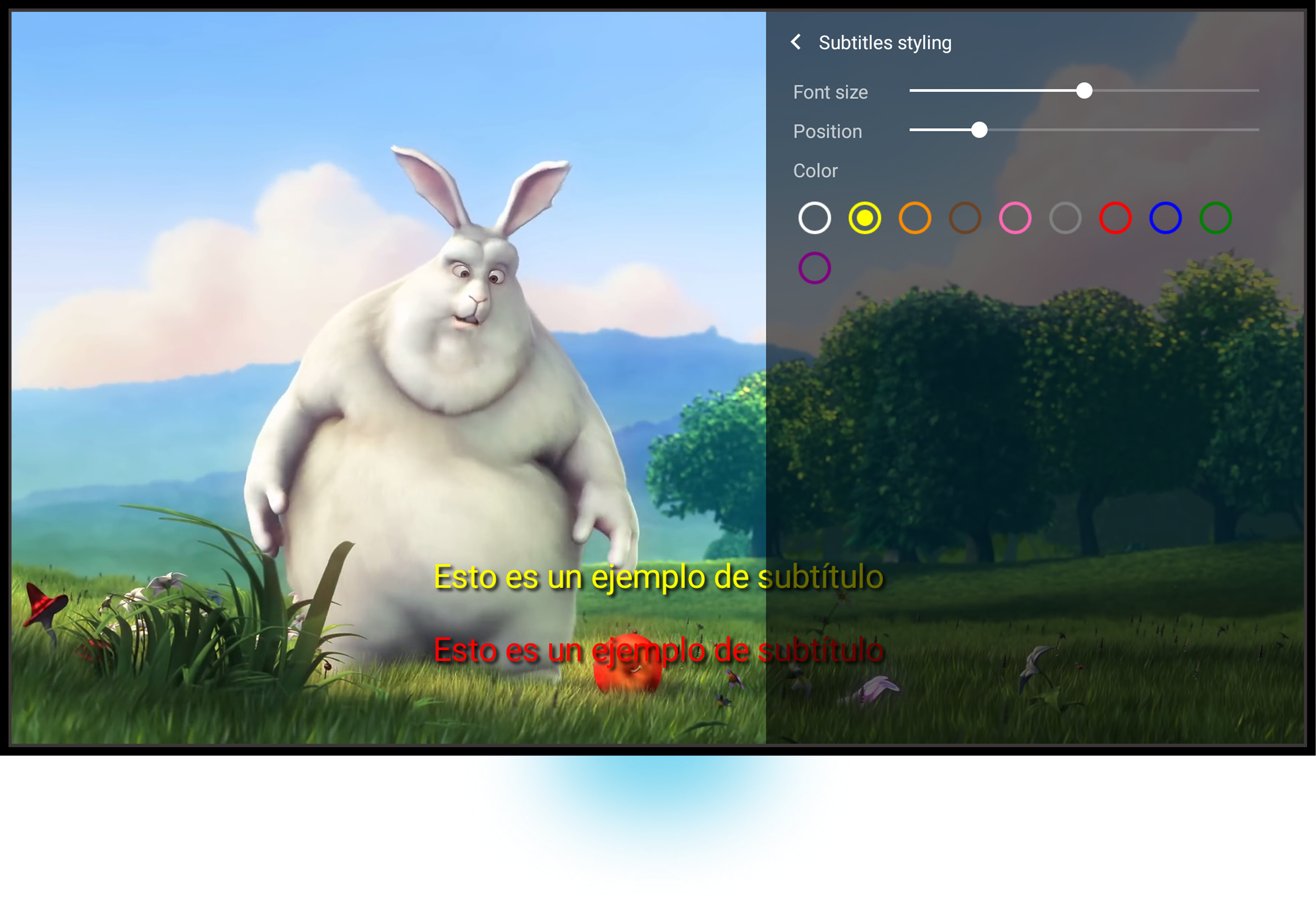DS Player running on Android TV showing dual subtitles feature with customizable positioning and colors